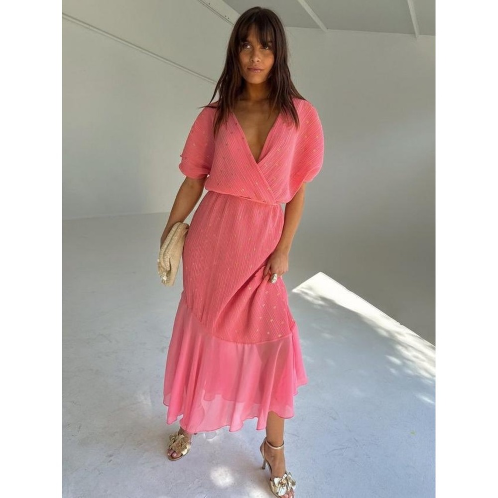 Never Fully Dressed asymmetric dropped hem plisse midaxi dress bright pink small